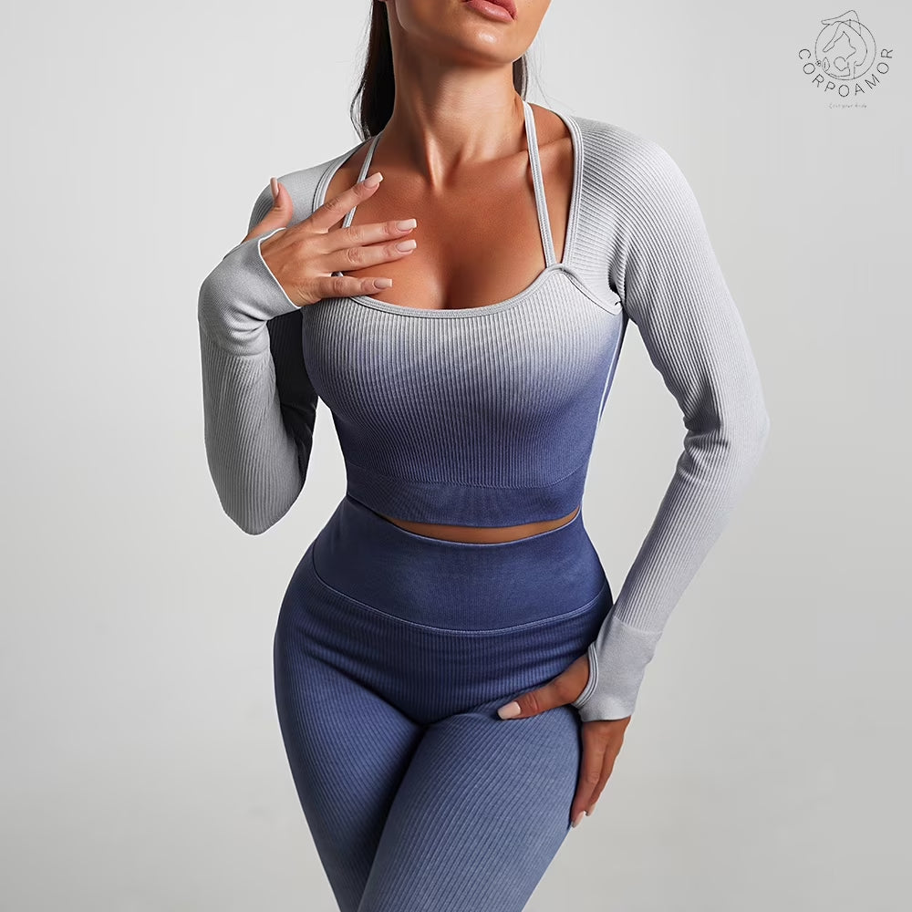 CORPOAMOR Women'S Fitness Clothing Gym Outfit and Yoga Workout Set Crop Top and High Waisted Leggings Ombre Gradient 2 Piece Set (Navy/Grey, Large)