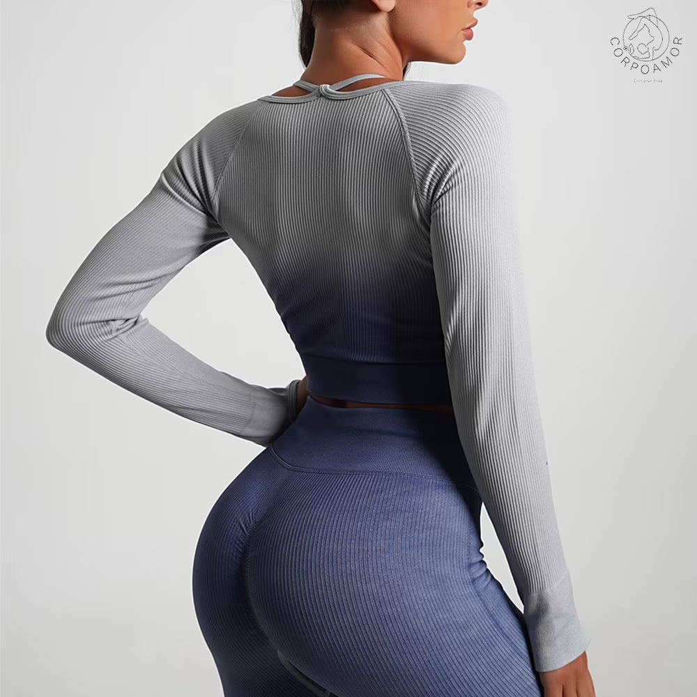 CORPOAMOR Women'S Fitness Clothing Gym Outfit and Yoga Workout Set Crop Top and High Waisted Leggings Ombre Gradient 2 Piece Set (Navy/Grey, Large)